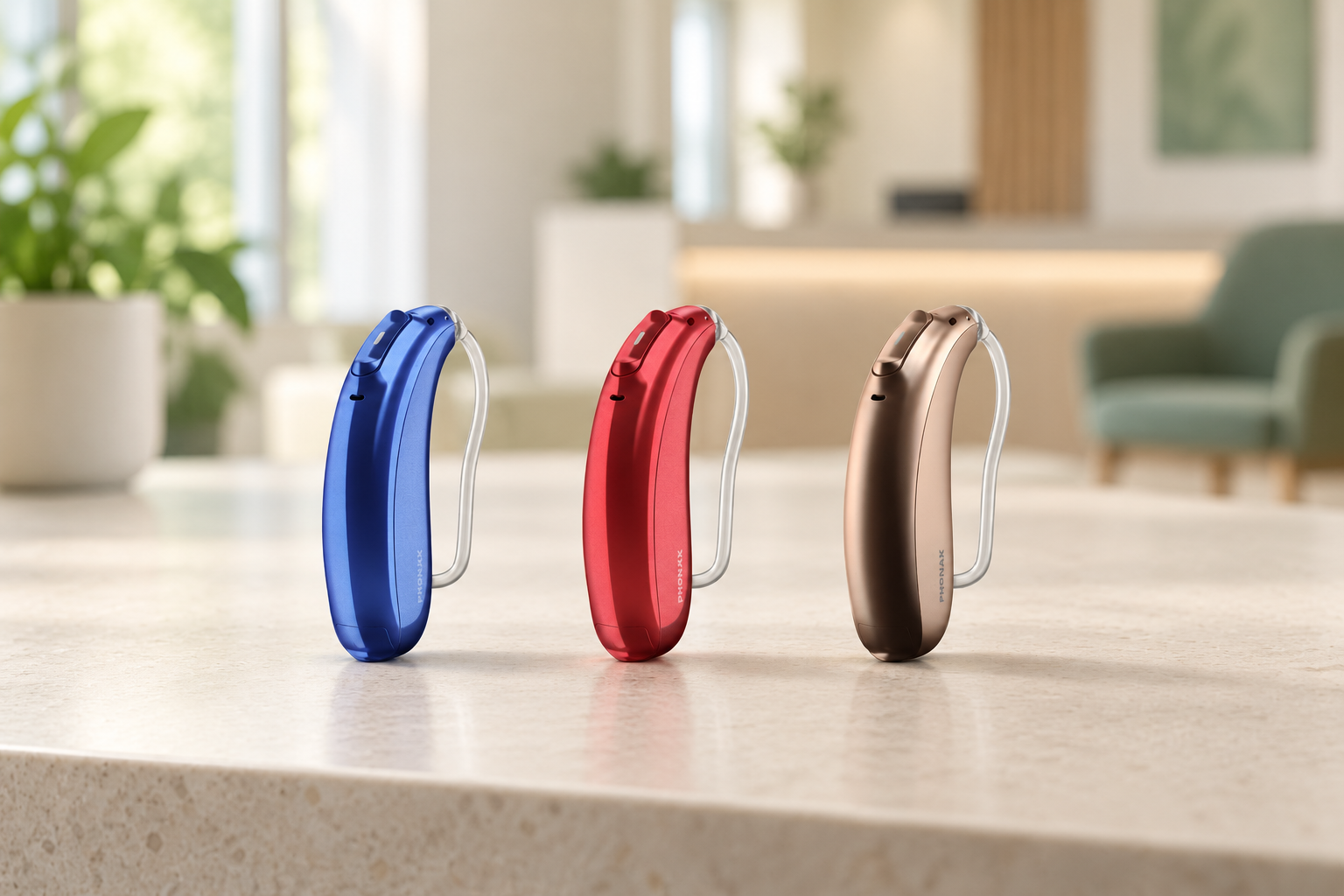 Drie moderne hoorapparaten in verschillende kleuren