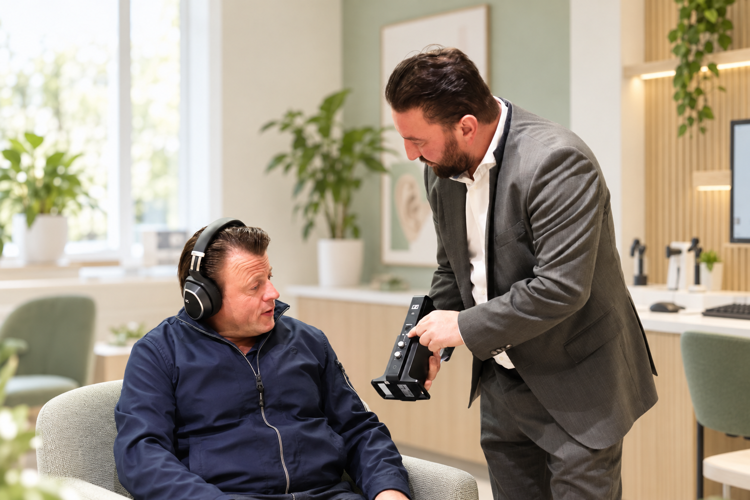 Een medewerker begeleidt een klant bij gehooronderzoek